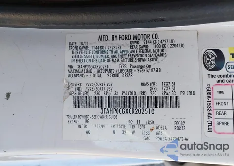 2012 Ford Fusion Sel z USA, uszkodzony, nr VIN 3FAHP0CGXCR202510